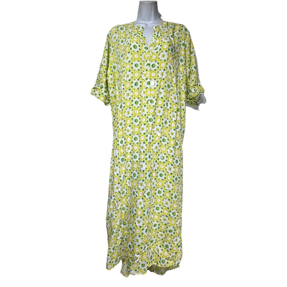 diza yellow green floral roll tab sleeve long dress Size L